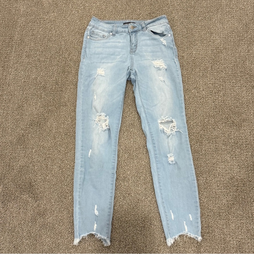 Blue Skinny Distressed Jeans with Raw Hem
